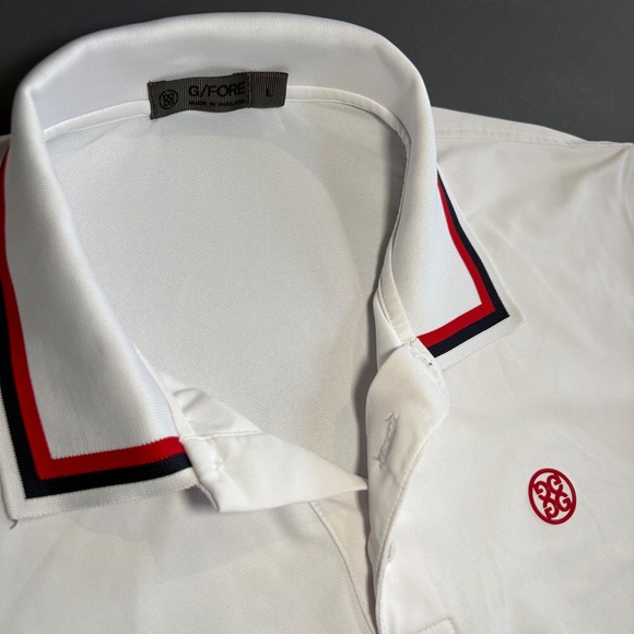 G/FORE Men's Performance Golf Polo Shirt | Size L | Black & Red Stripe Collar - Picture 1 of 8